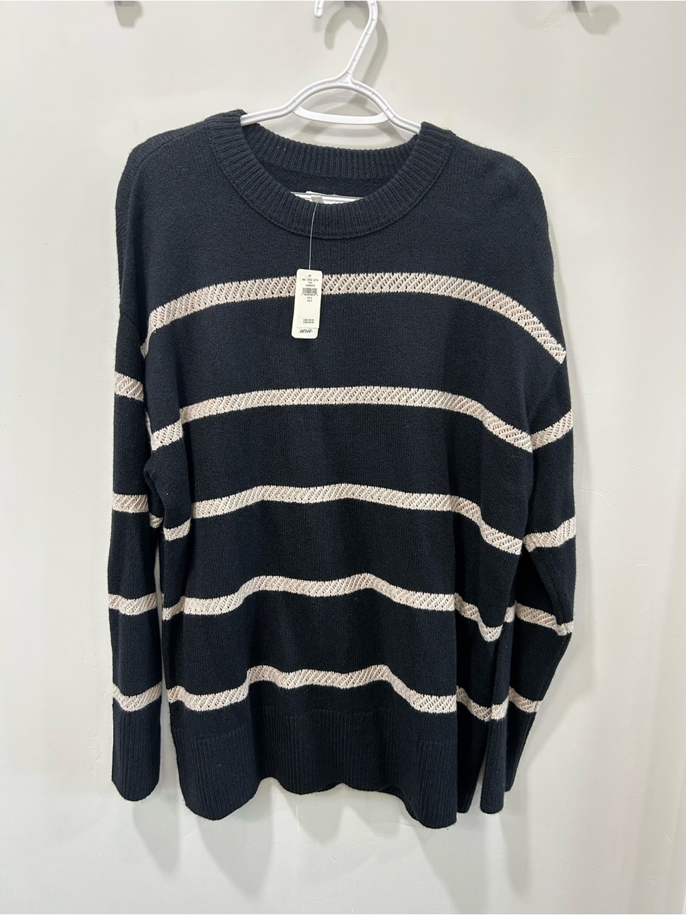 aerie Black Crewneck tunic Sweater with Cream Stripes small